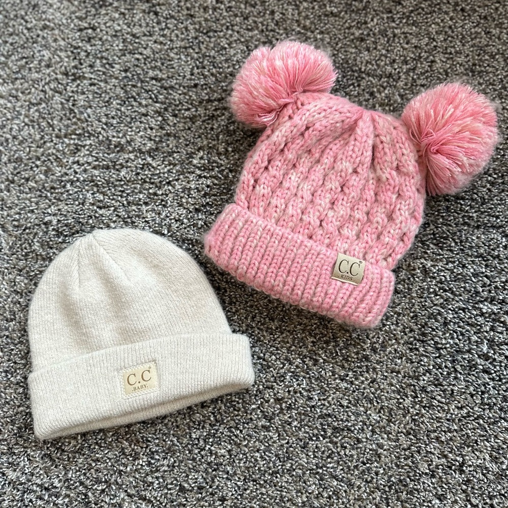 C.C Kids Pink and Cream Pom Pom Beanie Set